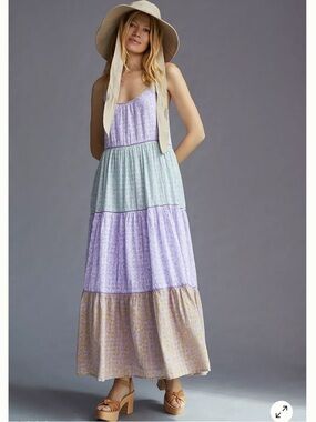 ANTHRO X Roller Rabbit Purple Green Ismay Dakota Tiered Boho Maxi Dress Medium